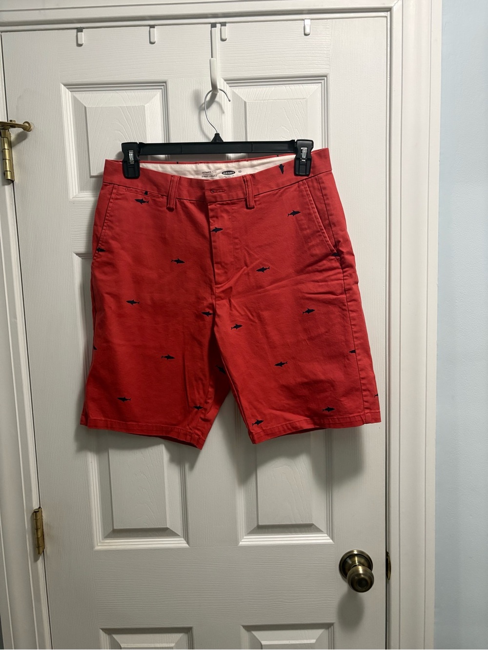 Old Navy Red Flat Front Chino Shorts with Navy Fish Embroidery